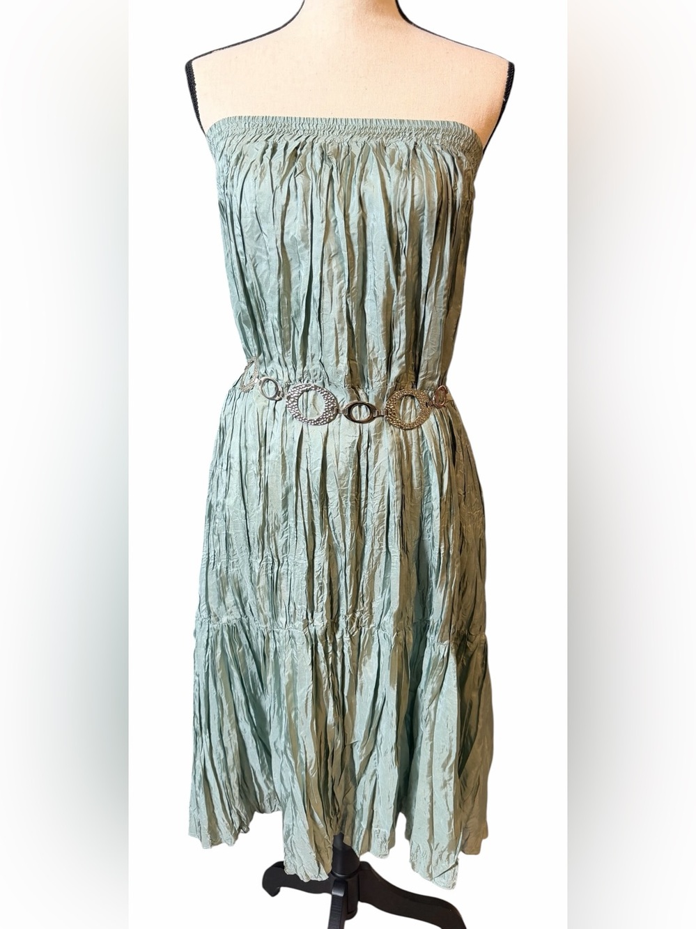 Soji 100% Silk Crinkled Tiered Midi Skirt - Sage Mint Green - Size Large - Picture 7 of 11
